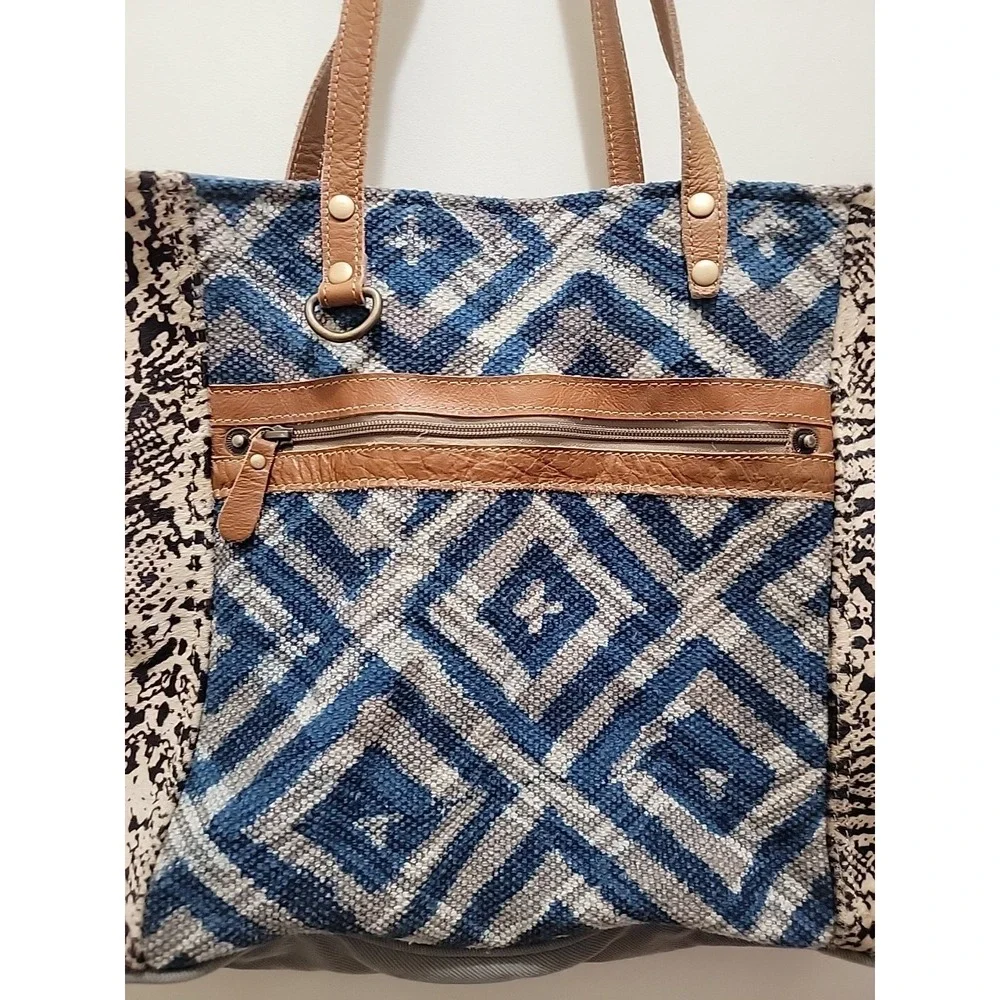 Myra Bag Upcycled Tote Large Purse Repurposed Boho Chic Canvas & Leather